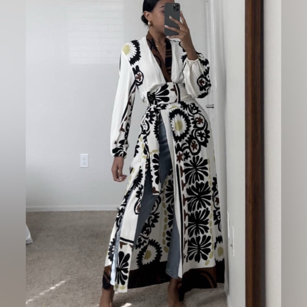 Zara printed wrap maxi gown long sleeve ecru dress - Picture 6 of 13